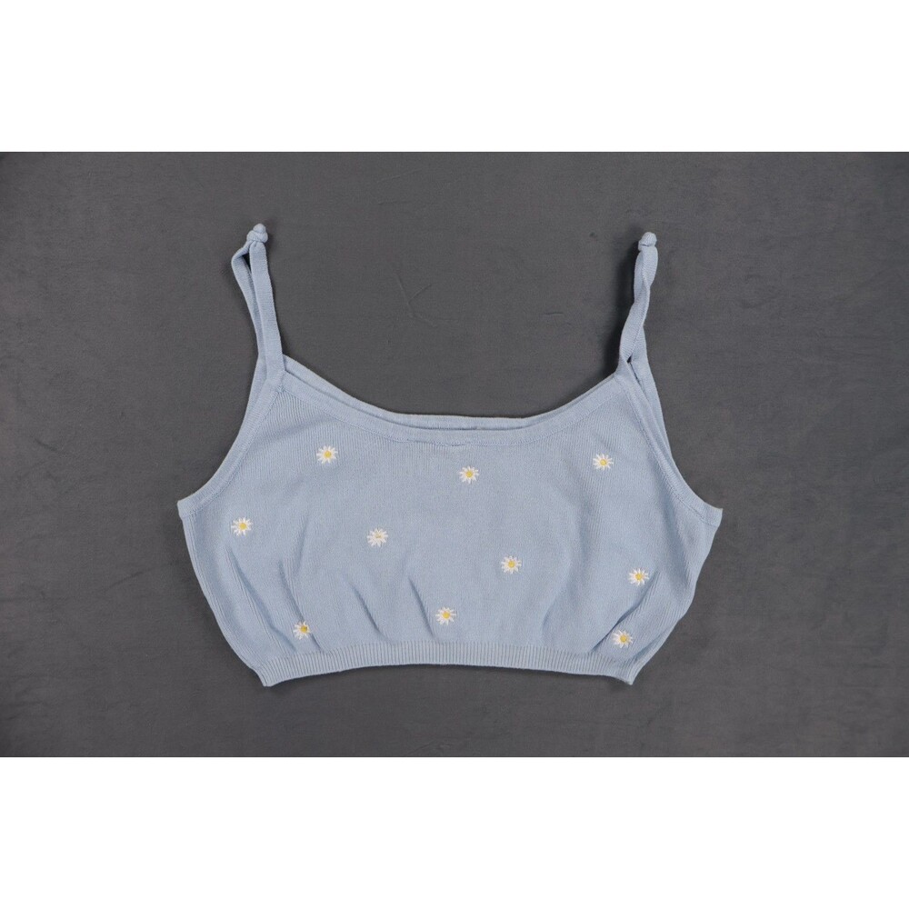 Sky & Sparrow Womens Medium Light Blue Embroidered Daisy Knit Crop Camisole Tank